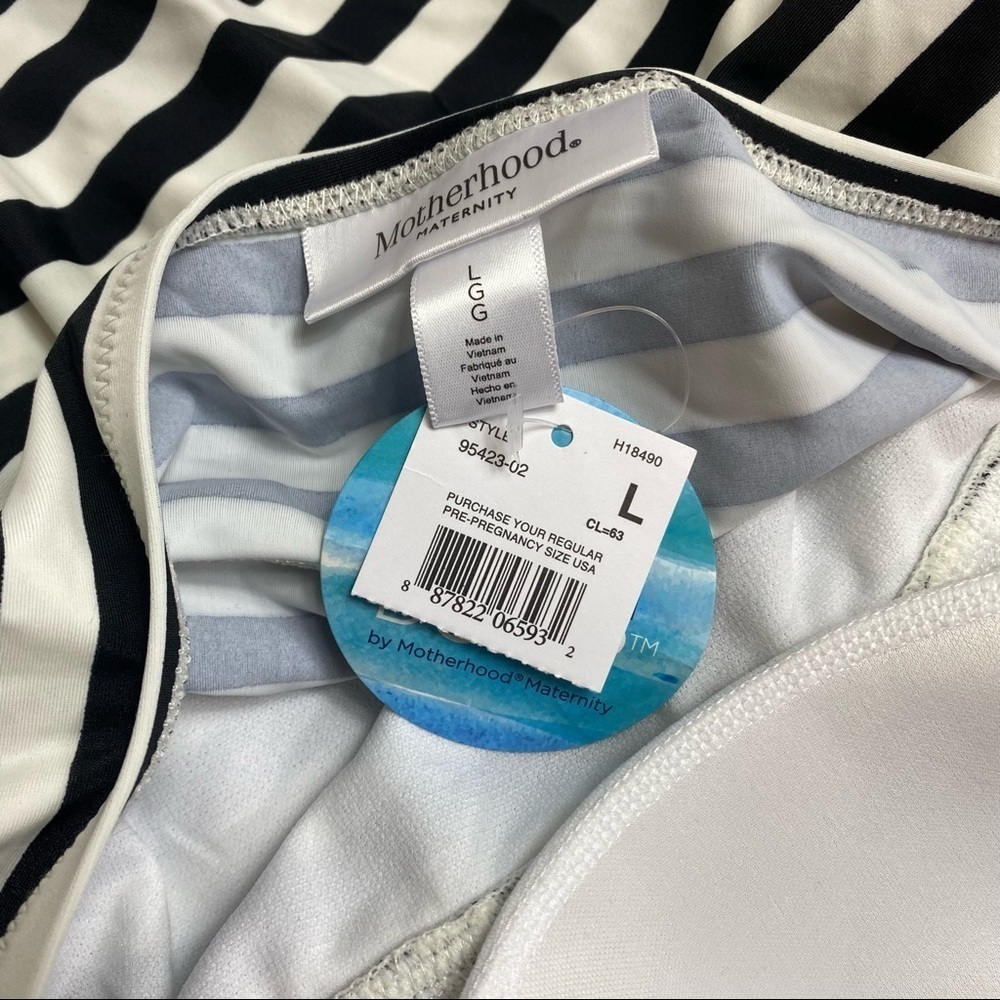 Motherhood Maternity Beach Bump NWT One Piece Swimsuit Black White Stripe Halter - Picture 6 of 14
